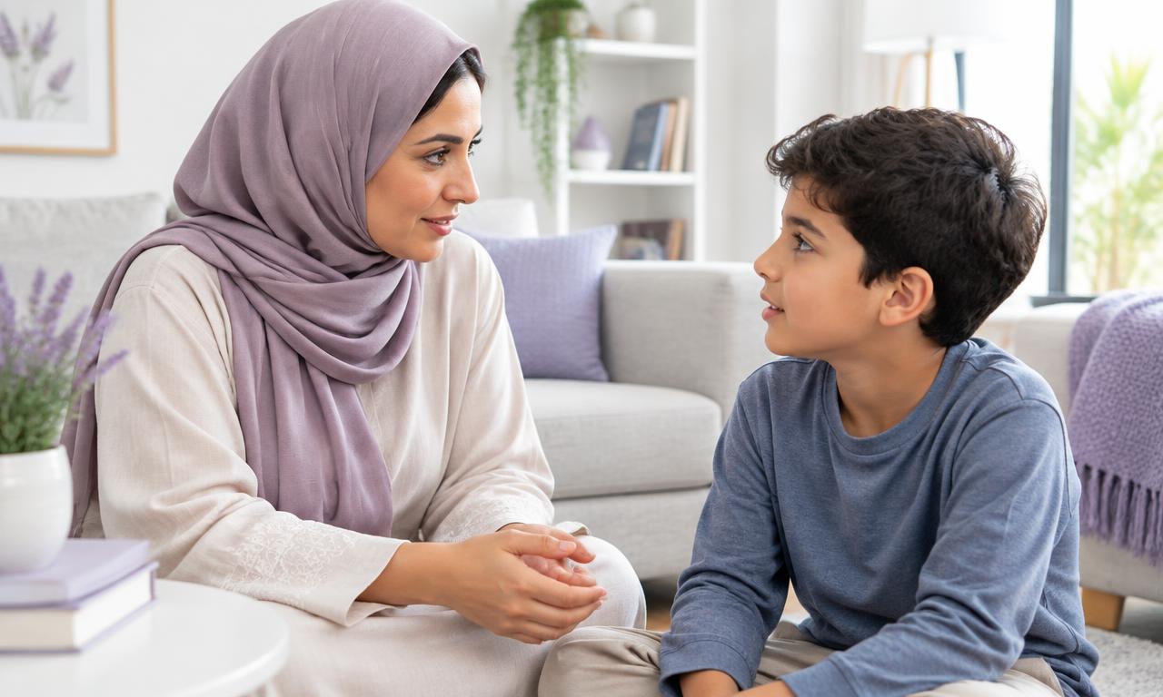 أم تتحدث بهدوء مع طفلها في غرفة مضيئة
